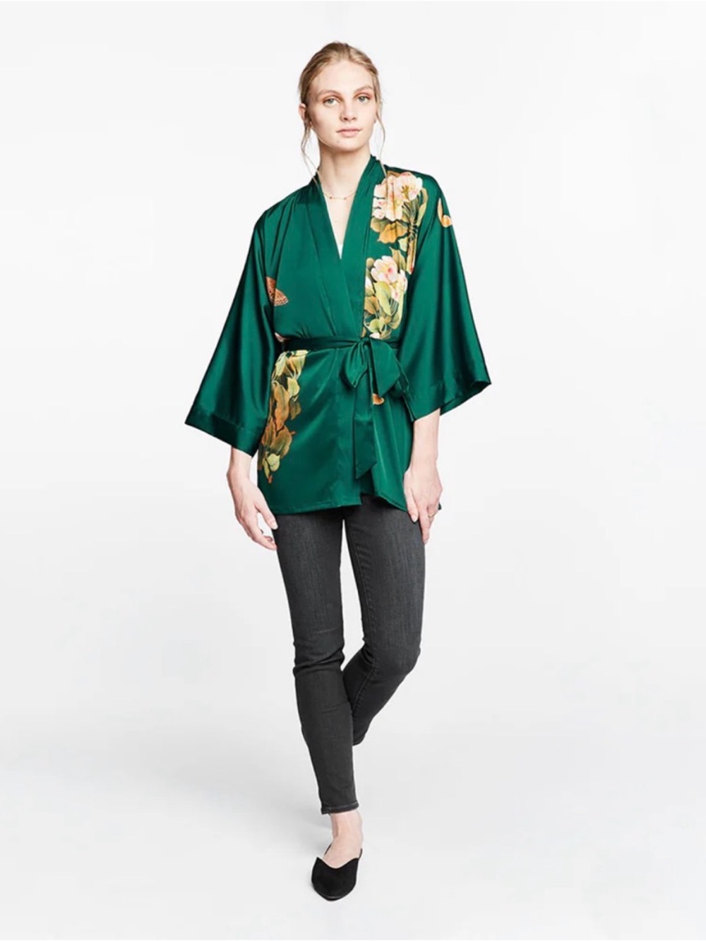 Kim+Ono Emerald Peony and Butterfly Satin Kimono Jacket/Robe with Tie Waist